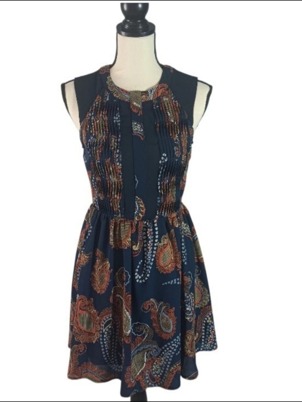 Esley Orange & Navy Sheer Panels Paisley Print Sleeveless Fit & Flare Dress